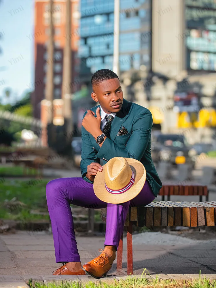 بدلات رجالية أنيقة 2 قطعة بلغت ذروتها التلبيب مزدوجة الصدر السترة سترة رسمية التباين اللون حفلة موسيقية سليم مجموعة الأعمال مخصصة