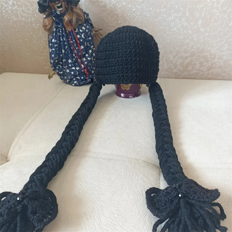 Knitting Baby wednesday wig hat newborn halloween costume witch wig hat photography outfit baby braid wig hat