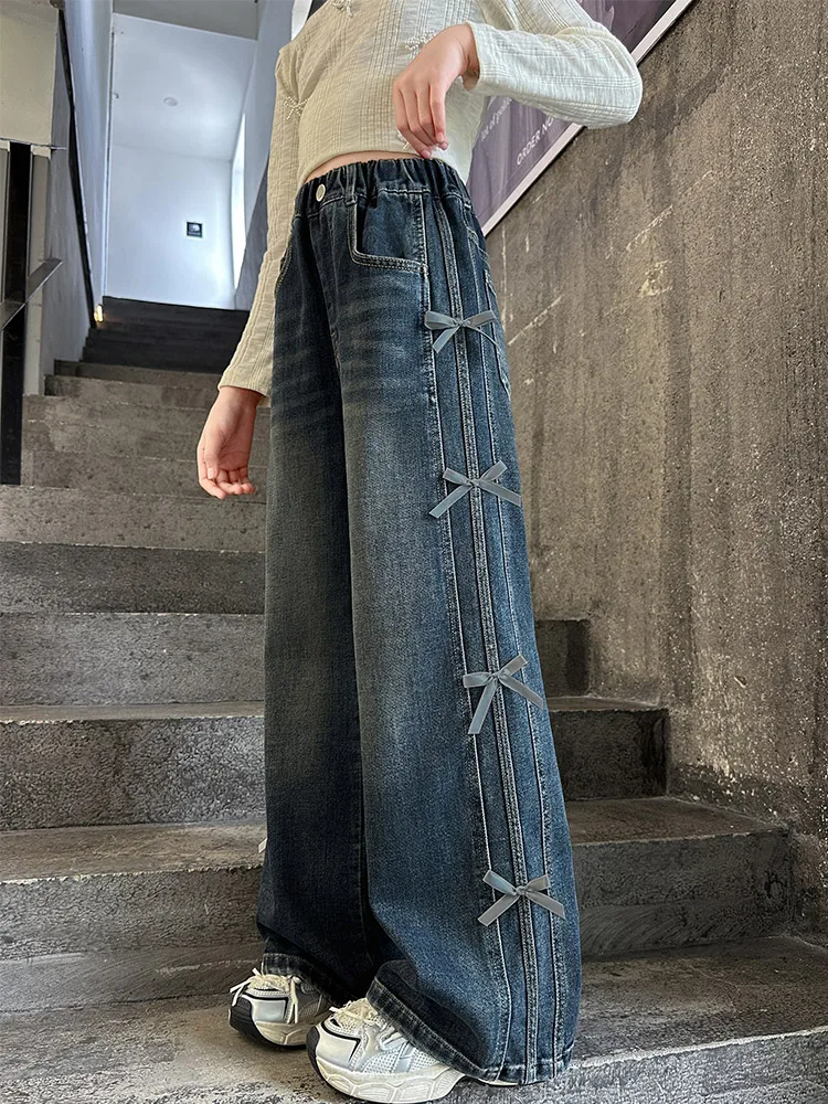 

Trendy Knot Denim Jeans for Big Girls Autumn Wear Casual Sle Straight Leg No Stretch l Waist Spring Autumn
