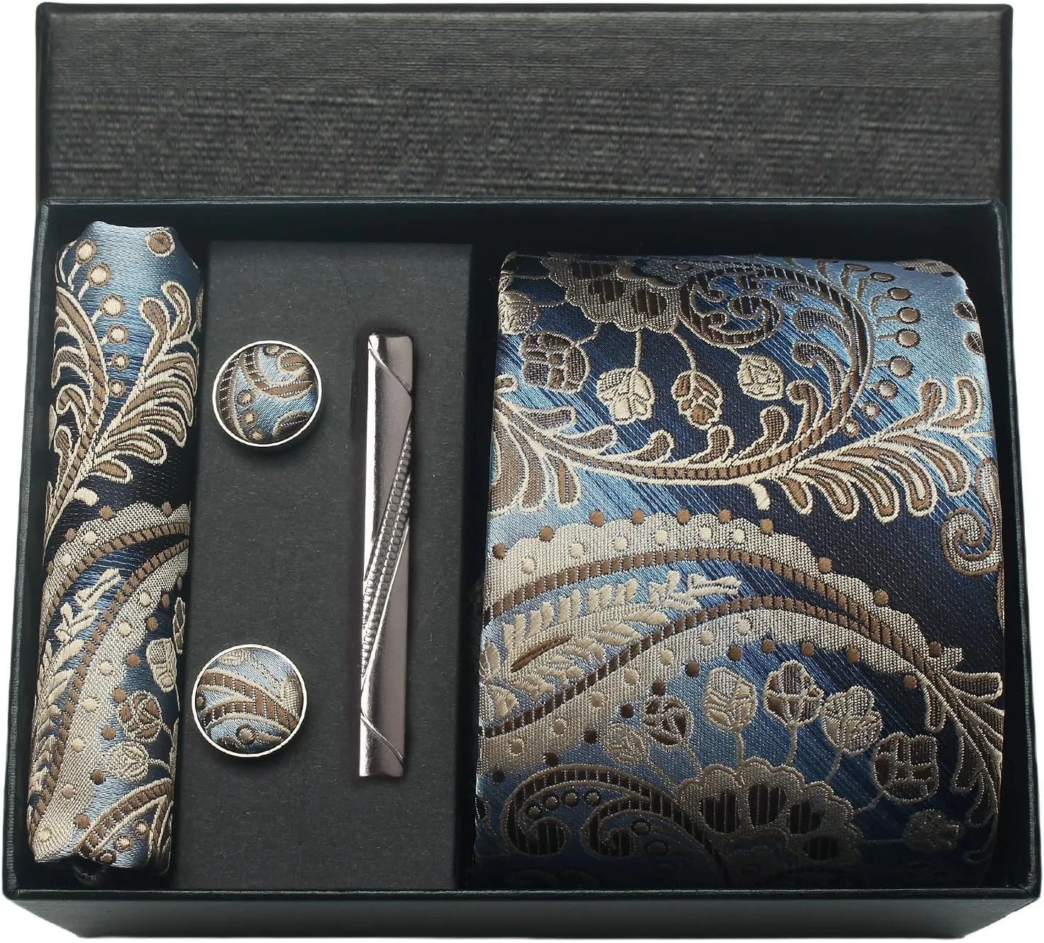 100 % Seide Marke Krawatte Taschentuch Manschettenknopf Set für Männer Krawatte Urlaub Geschenkbox Blau Gold Anzug Zubehör Passend für den Arbeitsplatz Urlaub – Detail 28