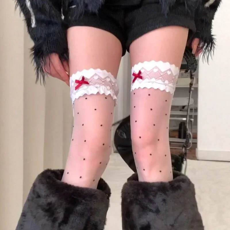 Schleifenknoten Polka Dot Strümpfe Sexy Schwarze Vielseitige Schlankheitsfördernde Anti-Haken Seiden-Kniestrümpfe Transparente Pure Desire Oberschenkelstrümpfe