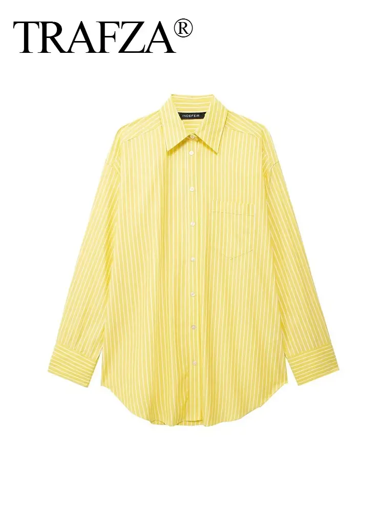 TRAFZA 2024 New Woman Striped Blouses Yellow Lapel Long Sleeves Loose Single-Breasted Female Tops Wild Casual Women's Shirt Top