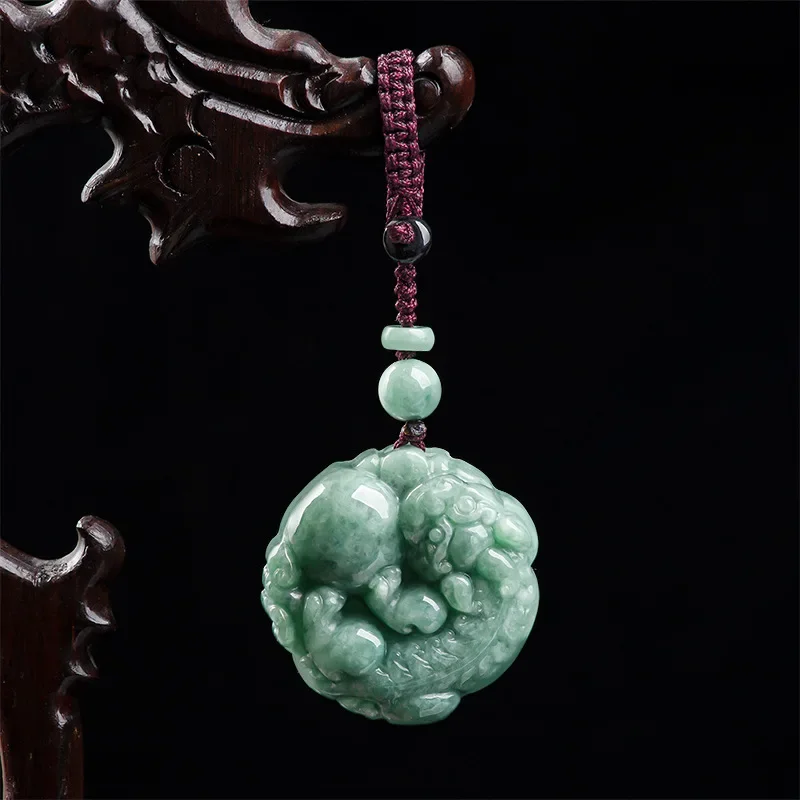 Natural A Cargo Emerald Bean Green Handmade Carved God Beast Pendant  Boutique Jewelry Men and Women Jade Necklace