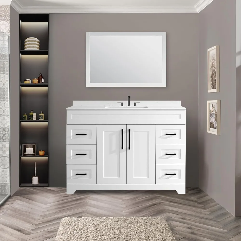 Luxury Bathroom Vanity with White Stone Countertop Rectangle Sink Backsplash Soft Closing Doors Drawers