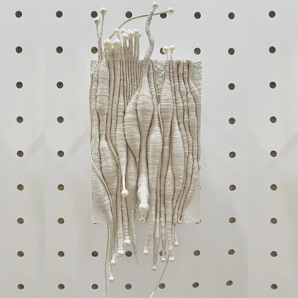 X* Contemporary Luxury Woven Art Ivory 3D Textured Wall Sculpture with Pearl Accents for Upscale Entryways#