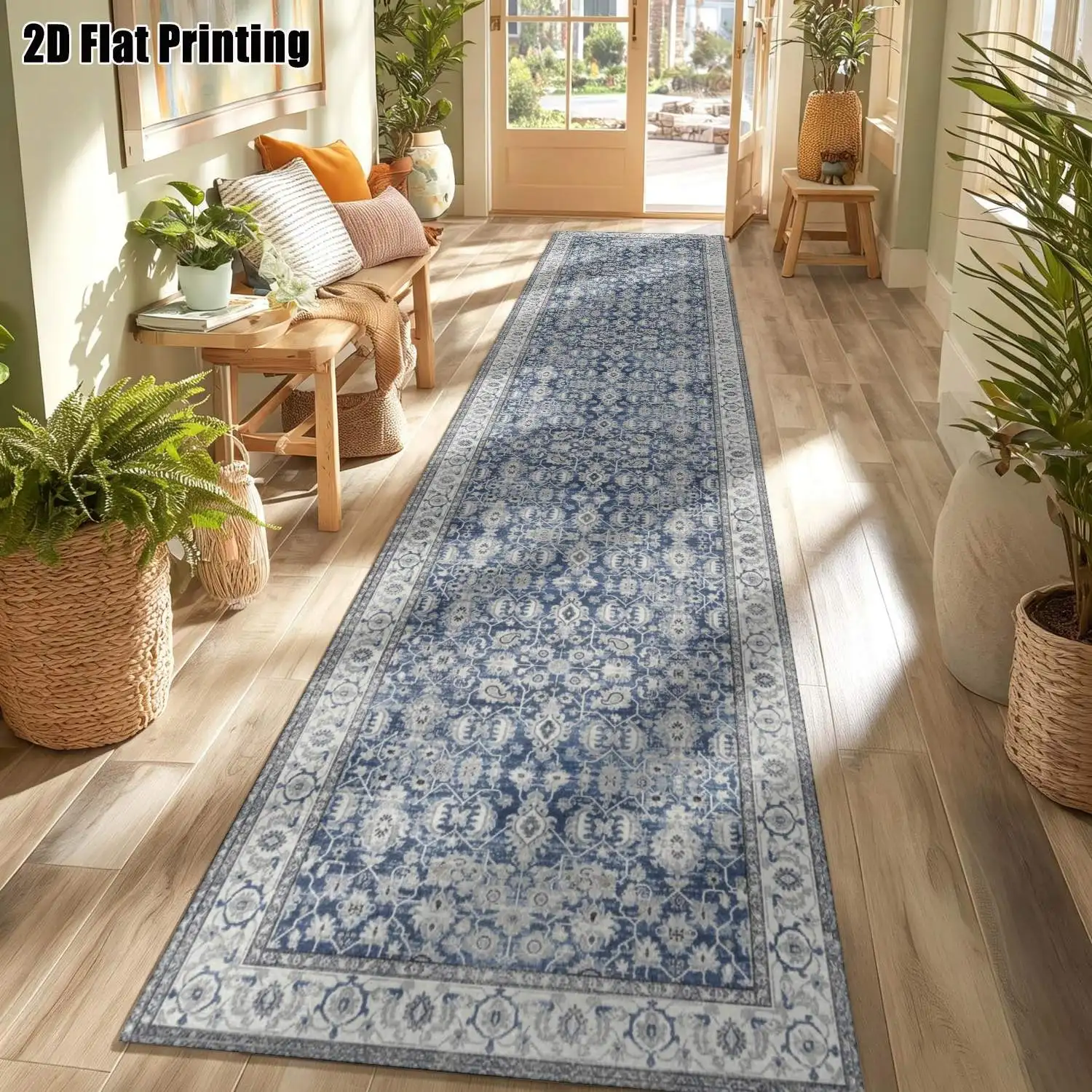 1Pc 2D Printed Long Strip Rug: Blue-Grey Retro Floral/European/Bohemian/Geometric Simple Designs, Home Decor, Multi-Size, Machine Washable, for Entryway, Hallway, Living Room, Bedroom