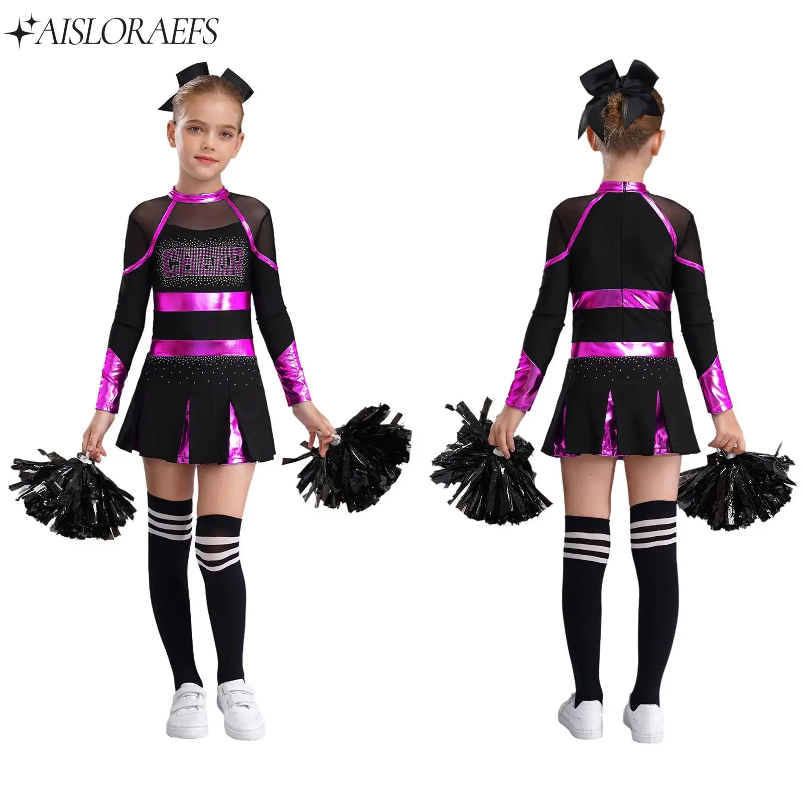 

Kids School Cheerleader Costume for Girls Halloween Cheer Uniform Dance Competition Team Sports Cheerleading Rhinestones Outfit