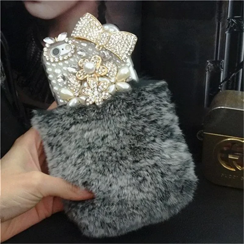 Bling Crystal Fluffy Rabbit Fur Case Winter Soft Crystal Case Bling Crystal for Iphone 15 14 11 12 13 Pro XS MAX XR 16 PLUS Case