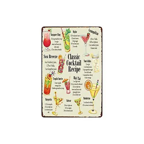 Vintage Metal Sign Classic Cocktail Recipes for Home Bar Pub Kitchen Garage Restaurant Wall Deocr Plaque Signs 12x8inch