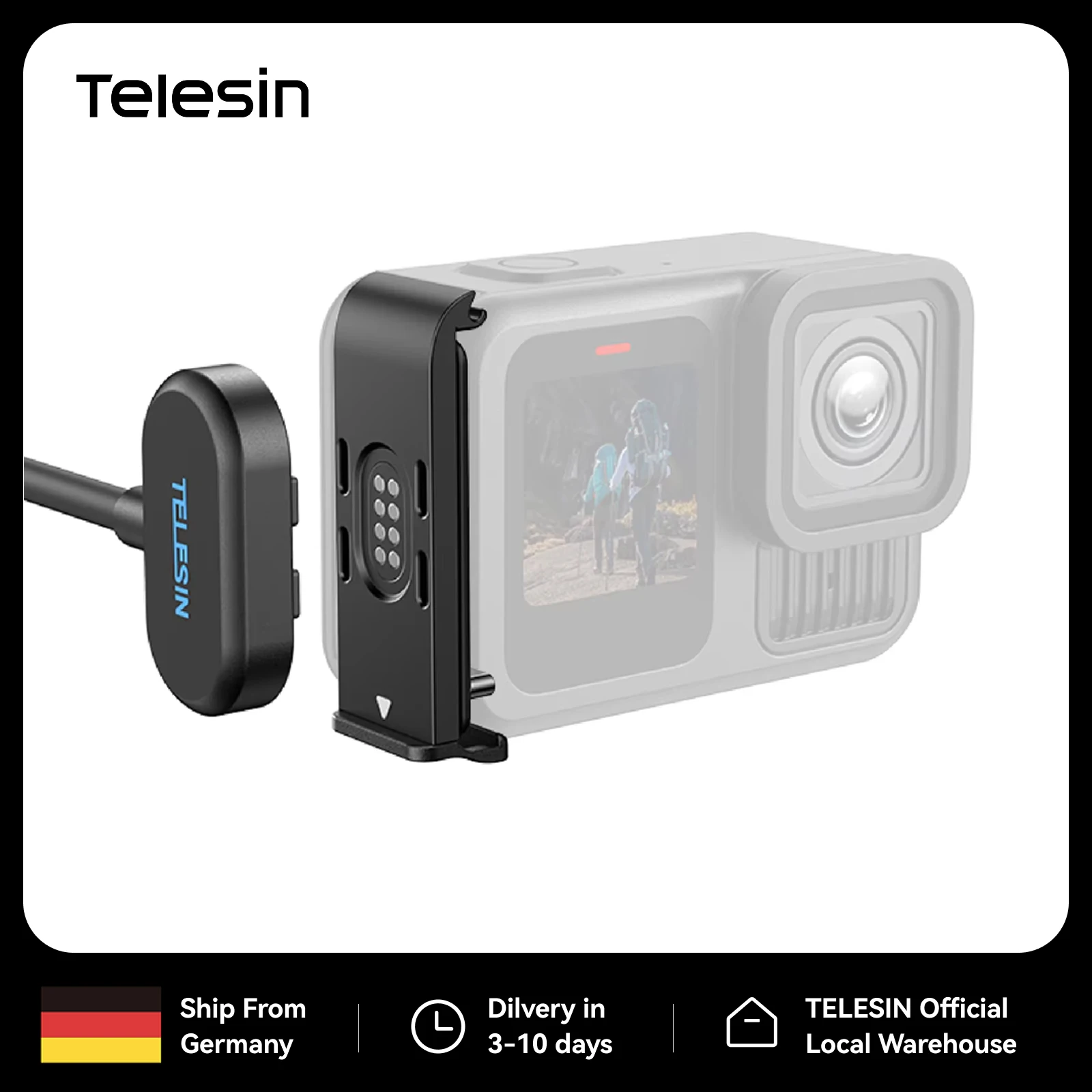 TELESIN - Kit de Cable Magnético a Prueba de Agua para Carga Lateral, Compatible con GoPro Hero 9, 10, 11, 12, 13, Tipo-C, Fácil de Quitar