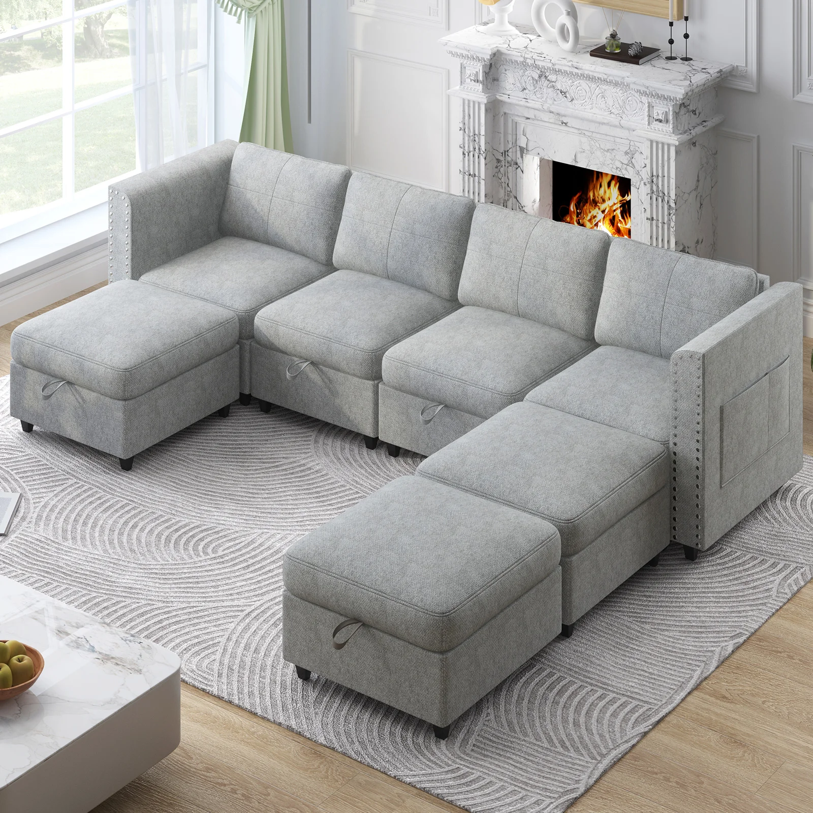 Modular Sectional Sofa with Storage Ottomans, Convertible Sofa Couch with 3 Movable Ottomans, 7 Seater Oversized Sleeper Couch f