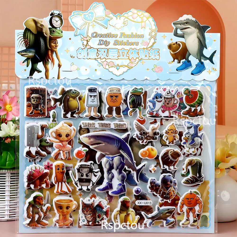 مزدوجة الطبقات الإيطالية Brainrot ثلاثية الأبعاد ملصقات الإغاثة مضحك تونغ تونغ الصحور فقاعة الشارات لطيف ملصق يدوي الصنع اللعب الهدايا