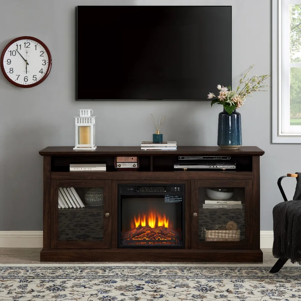 

18" Fireplace Insert for TV Up to 65" with Open and Closed Storage Space, Brown, TV Stands