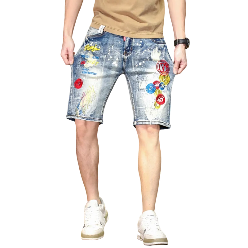 2024 Biker Retro Blue Denim Shorts Herren Sommer coole Löcher Stickerei ein Sex Design Street Shorts Herren