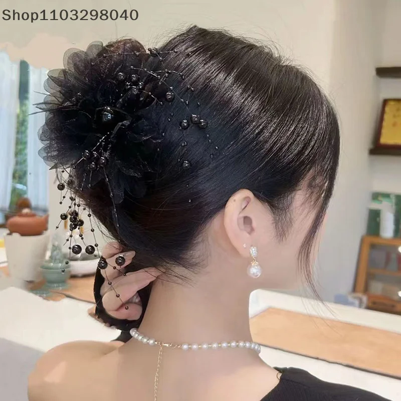 

Elegant Mesh Flower Hair Claw For Women – Pearl-Embellished Tassel Ponytail Clip, Stylish And Sophisticated Headwear Accessory