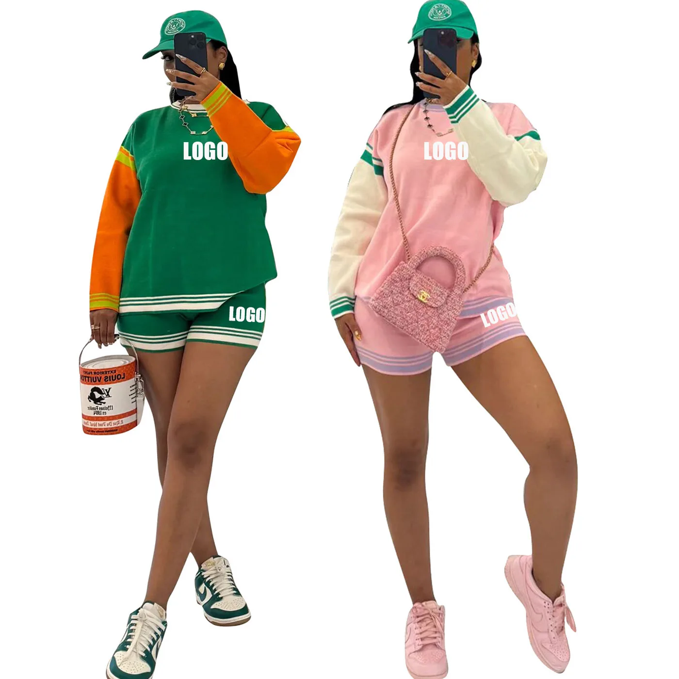 

European American new women's clothing sports and leisure color matching long-sleeved shorts knitted two-piece set