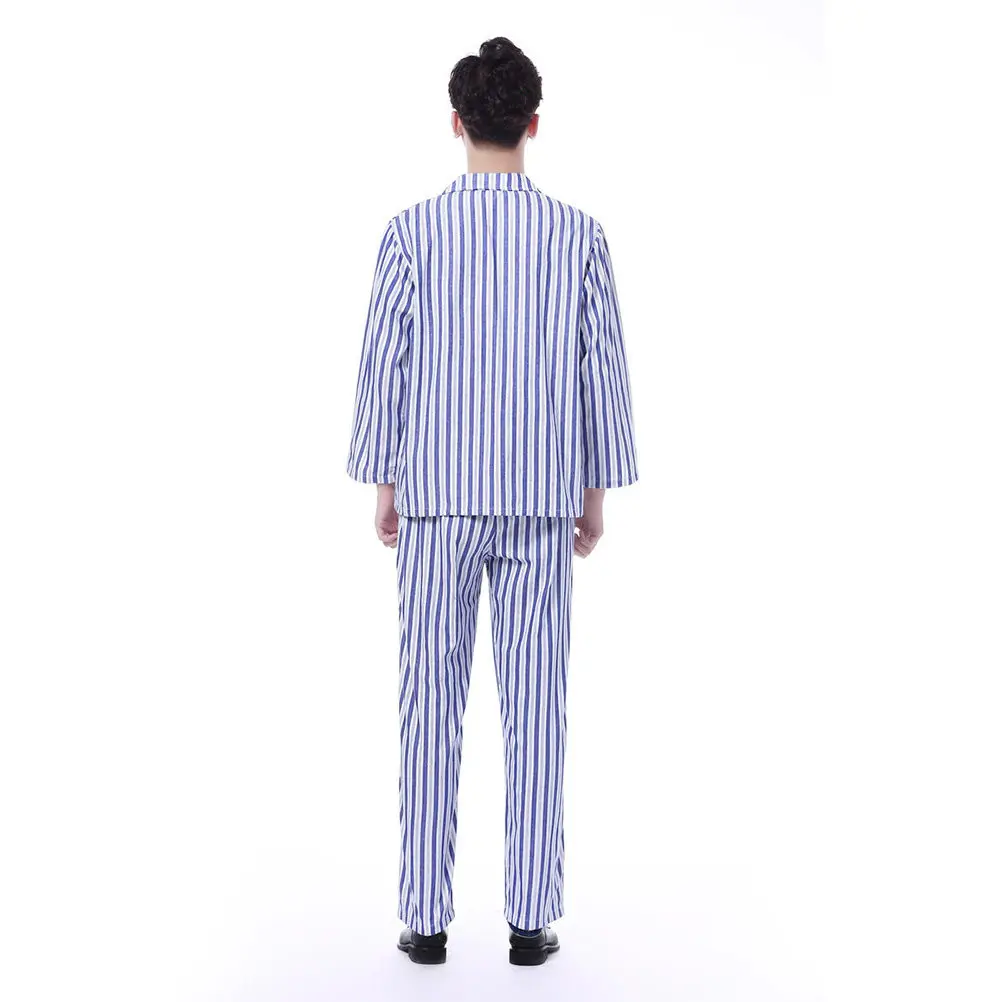 1set-adult-patient-pajamas-cotton-lightweight-breathable-hospital-sleepwear-long-sleeve-spread-collar-button-front-pockets-blue