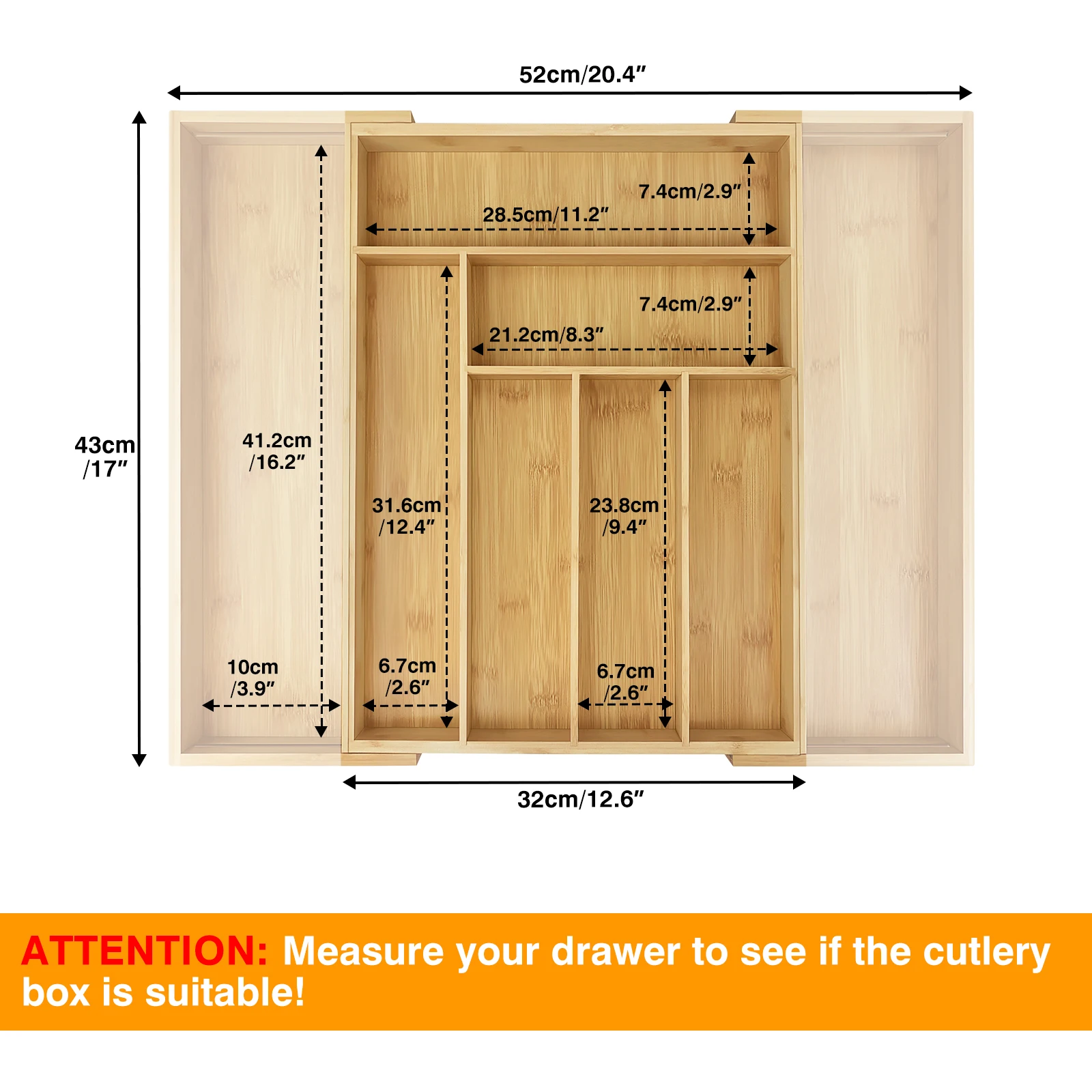 Bambus-Besteckkasten, erweiterbar von 32 x 43 cm auf 52 x 43 cm, 5 cm Tiefe, 6 bis 8 separate Fächer für Küche, Schlafzimmer, Büro – Detail 3