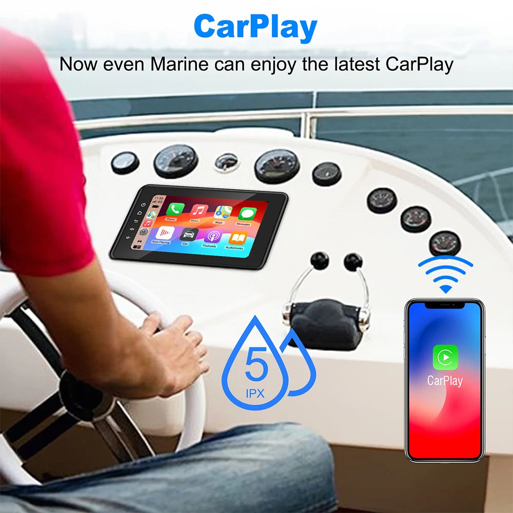 8inch Waterproof IPx6 marine multimedia player with Wireless CarPlay and Android Auto perfect for Marine ATV boat BZR Golf Cart