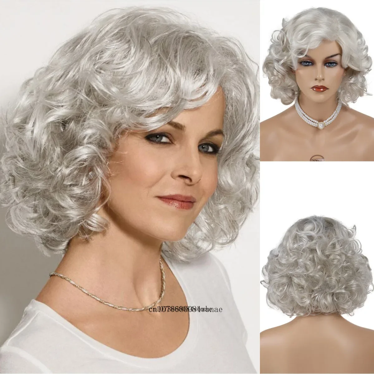 Synthetic Hair Short Silver Grey Wig for Older Ladies Natural Curly Medium Length Wavy Wigs with Bangs Grandma Daily Costume Use