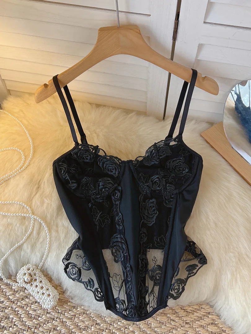 Sexy See Through Mesh Bustier Top 2024 Women Fashion Summer Black Camis Floral Embroidery Fishbone Skinny Club Party Crop Tops