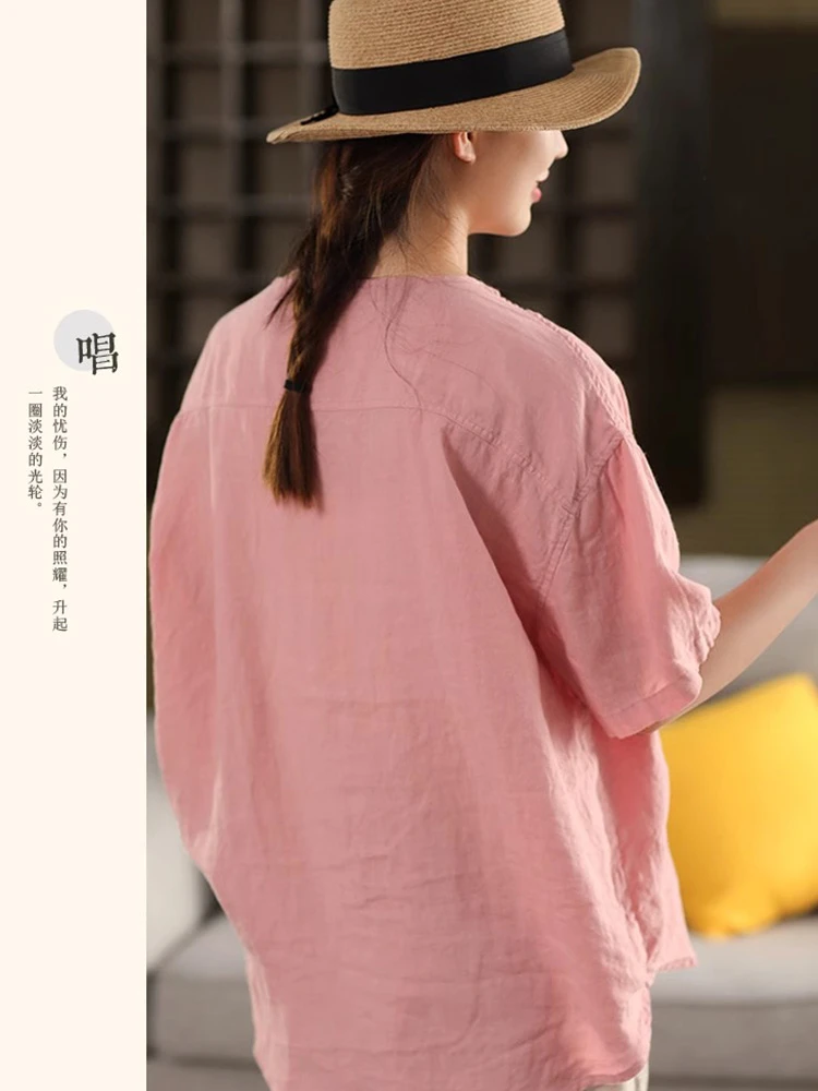 100% 린넨 여성 캐주얼 셔츠 신상 2025 여름 빈티지 스타일 O넥 단색 루즈핏 여성 반팔 탑 셔츠 T677