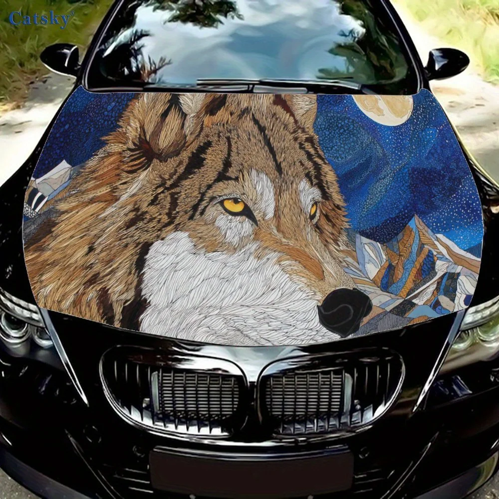 

Nightscape Brown Wolf Car Hood Vinyl Wraps Decal, Auto Exterior Protective Sticker, Waterproof Self-adhesive Car Body Decoration