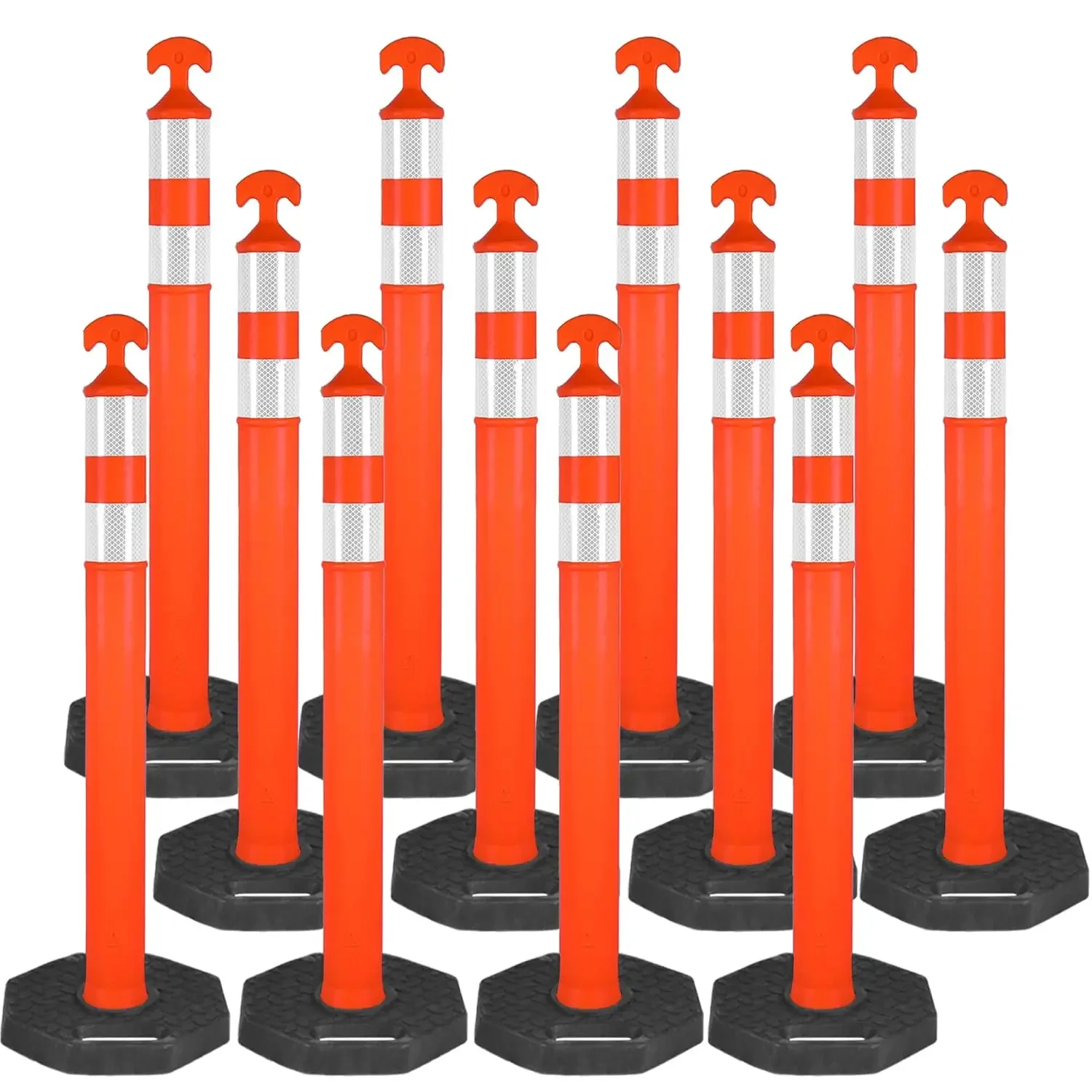 12 Pack Traffic Delineator Posts 42 inch, Orange Safety Cones w/ Weighted Rubber Base, Road Construction Guide Post w/ Dual Reflective Collars