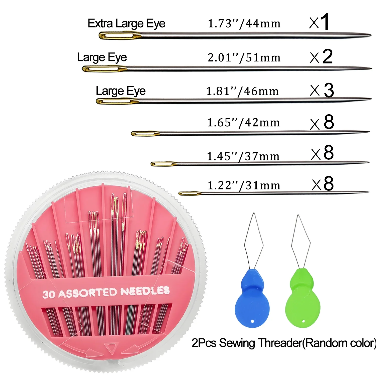 High quality 1Pack 30-Count Assorted Needles 6 Different Sizes Hand Sewing Needle and 2Pcs Needle Threader tool For Sewing Parts