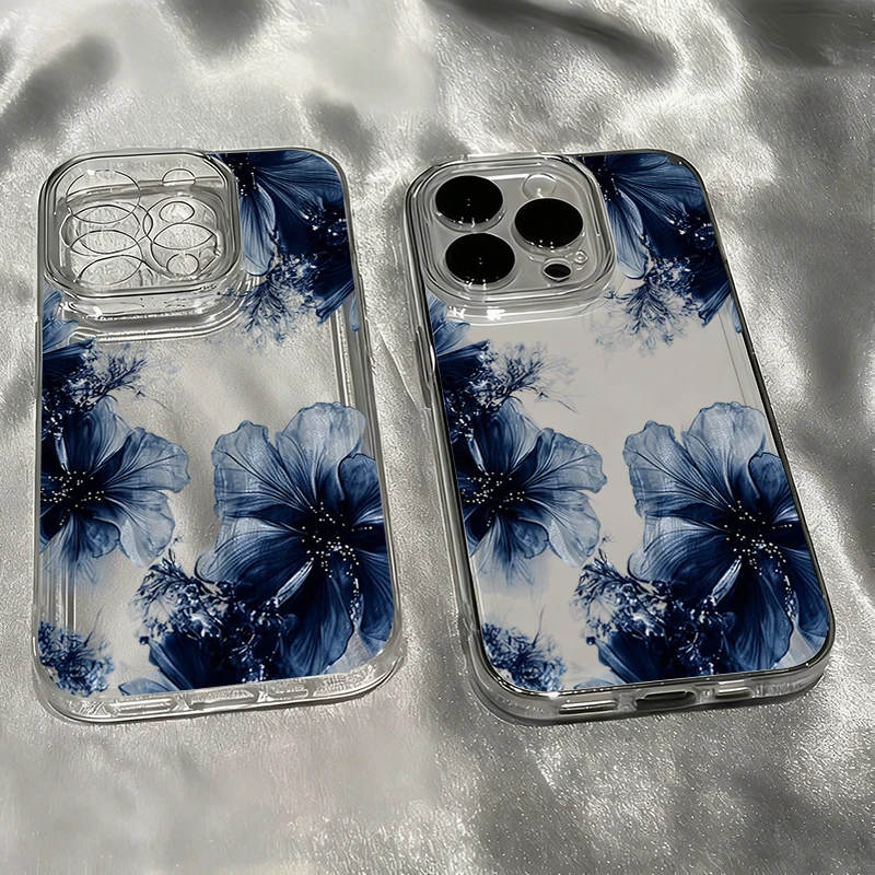 Blaue Blumen Trendiges Markenmuster Metall-Fotorahmen Transparente Handyhülle für Samsung Galaxy S26 S25 S24 S23 Ultra Plus FE Cover
