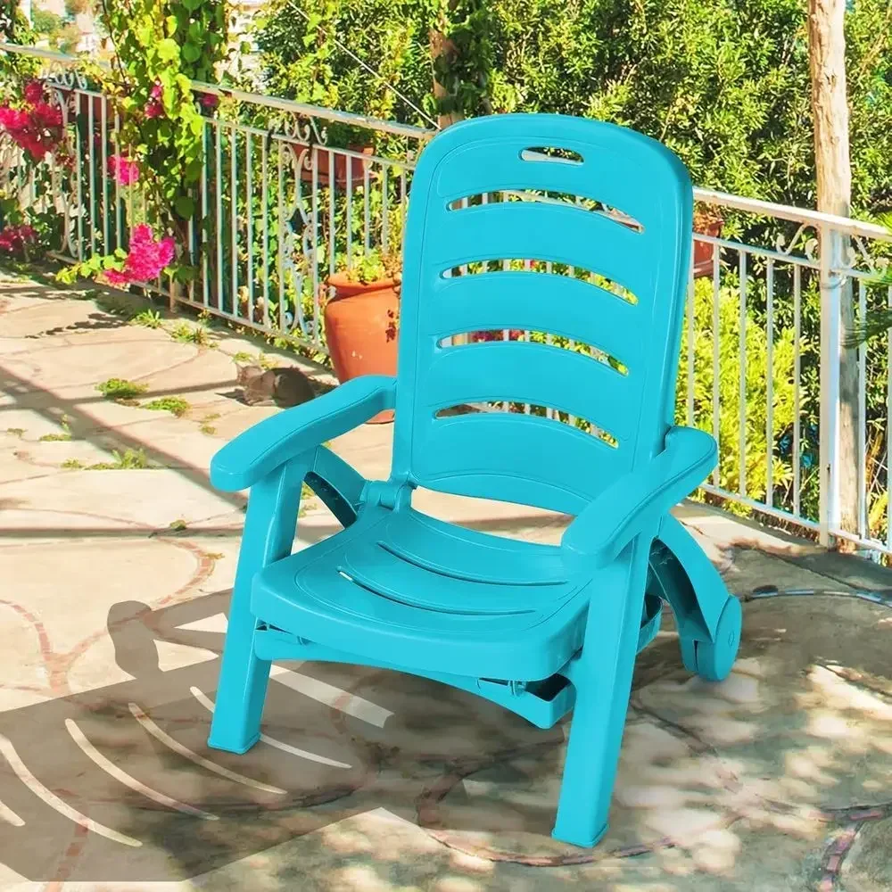 Adjustable 5-Position Plastic Outdoor Chaise Lounge Chair with Wheels, Turquoise