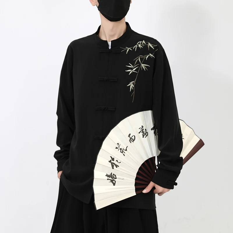 Chinese Style Bamboo Embroidery Stand Collar Button Down Long Sleeve Shirt Vintage Tang Dynasty Inspired Autumn Winter Top 5XL