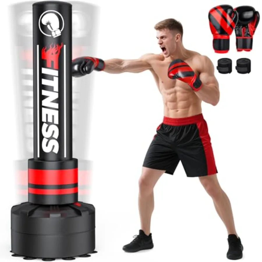 Sarung Tinju Berdiri Bebas untuk Dewasa, Sarung Tinju Berat dengan Alas Stabil Termasuk Sarung Tinju 12oz dan Pelindung Pergelangan Tangan, Ideal untuk MMA