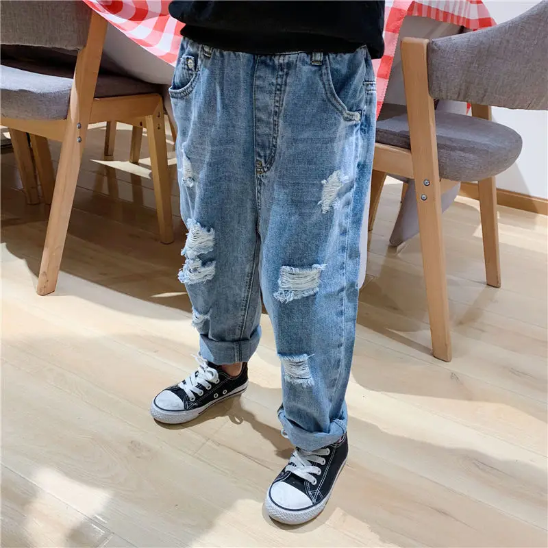 Spring and Autumn New Jeans Baby Girl Pant Baby Boy Trousers Clothes Solid Color Ripped Jeans Children\'s Clothing