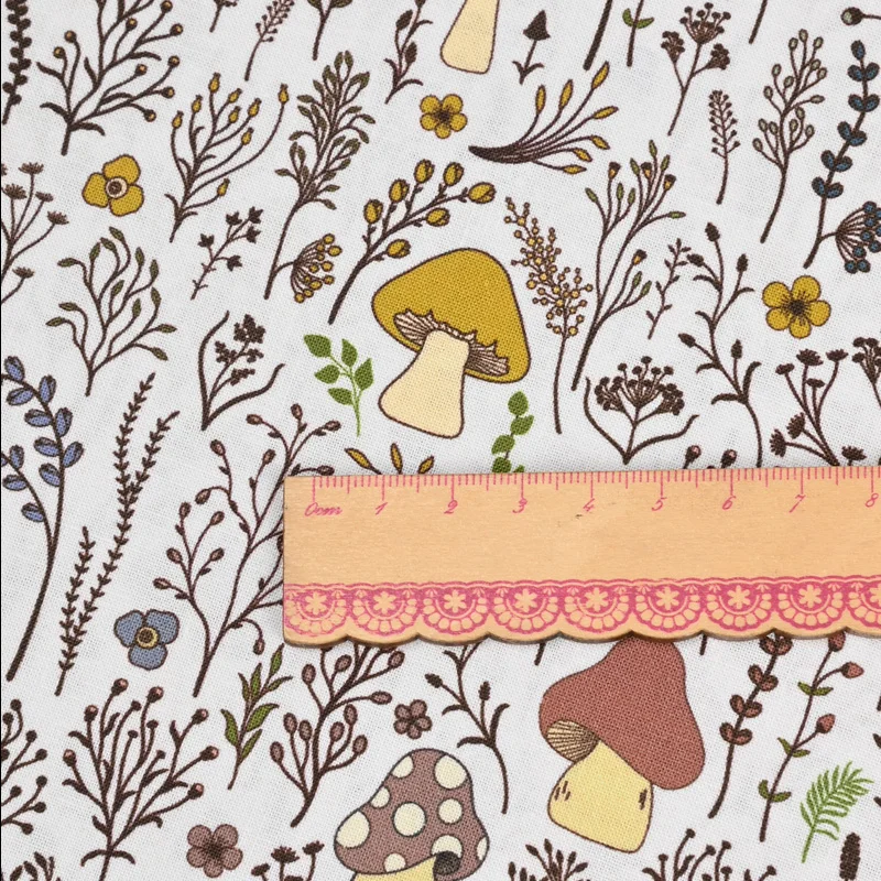 Half Yard 100% Cotton Plain Fabric With Little Fresh Flower Mushroom Print Handmade DIY Garment Dress Sewing Cloth CR-1481