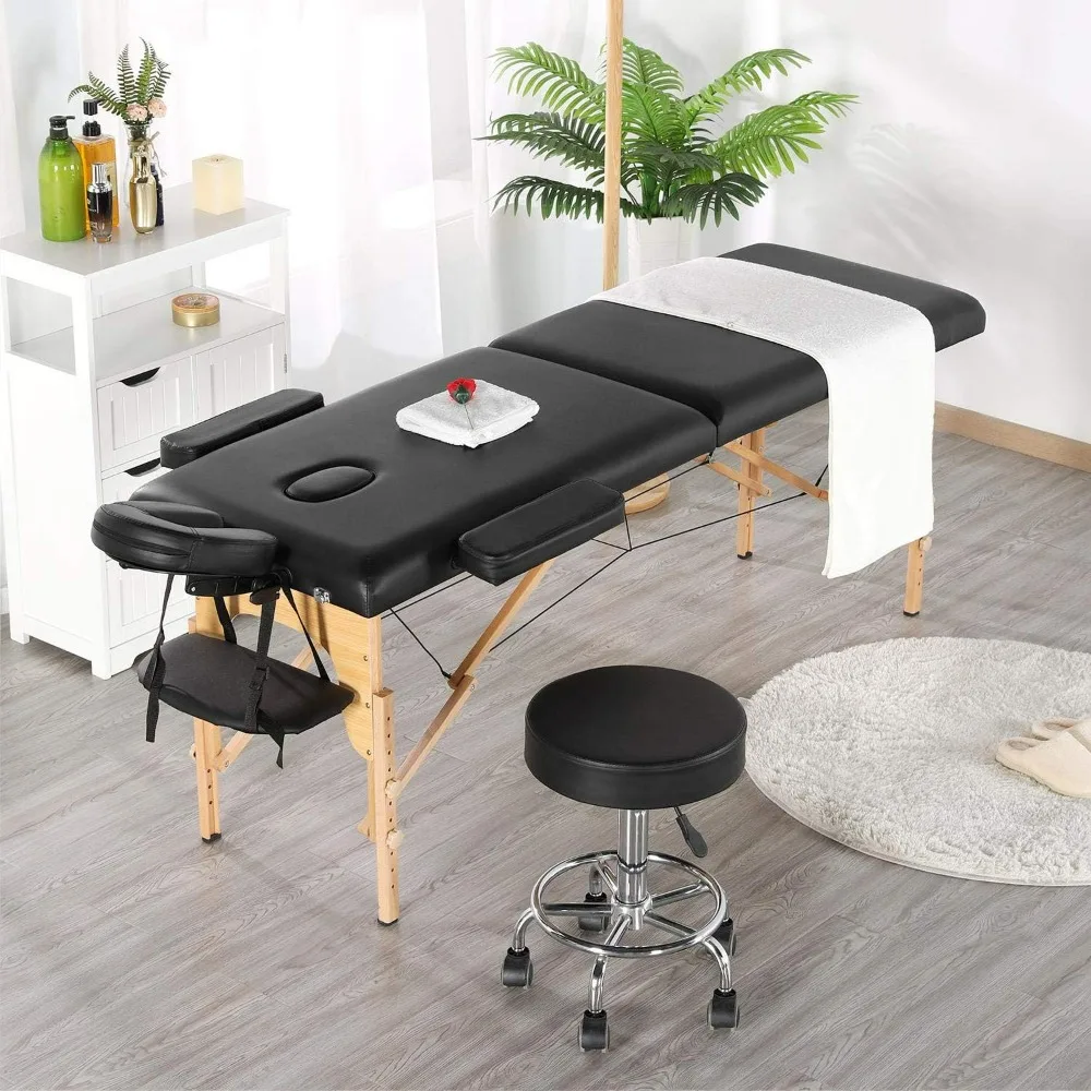 Folding Massage Table with Rolling Stool Portable Massage Bed Spa Bed Stool Adjustable Swivel Salon Chair Massage Therapy Table