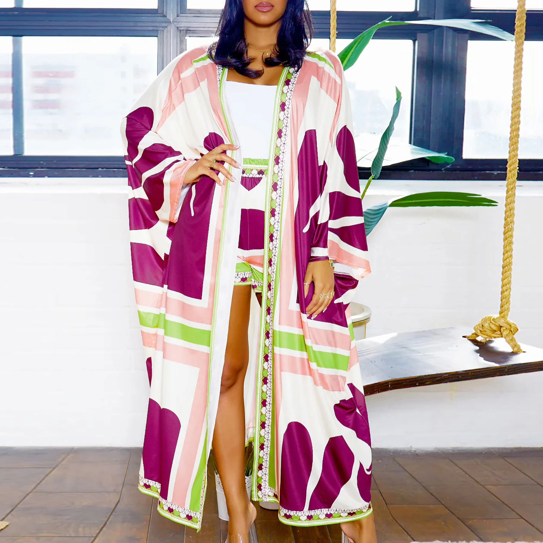 Summer Dashiki African Women Cardigan Long Trench Tops And Bodycon Shorts Suit Casual Clothes Boho Sexy 2 Piece Outfits 2024