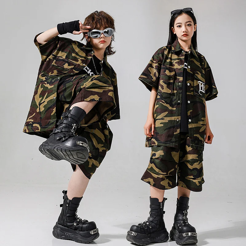 

Children Modern Jazz Dance Costumes For Boys Camouflage Kpop Loose Outfits Girls Group Hip Hop Dance Stage Rave Clothes DQS19586