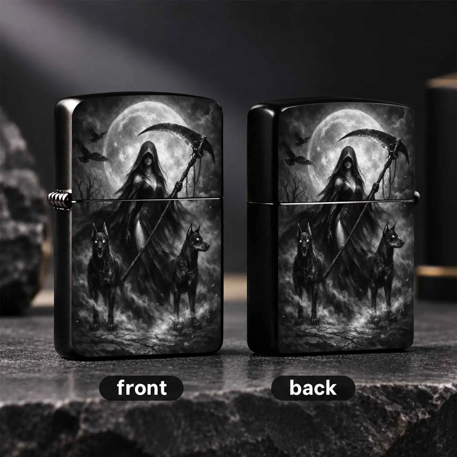 Dark Grim Reaper Full Moon Lighter, Eerie Art Print With Glowing-Eye Hounds & Crows, Cool Gothic Style, Ideal For Daily Carry, Outdoor Trip, Party Gathering, Unique Present For Dark Aesthetic Lovers A Humorous And Interesting Lighter