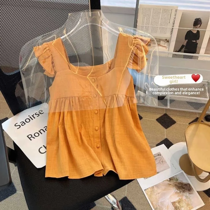 

Корейский летний женский топ свободного кроя с квадратным вырезом, короткий жилет с оборками и пуговицами, из смесового полиэстера