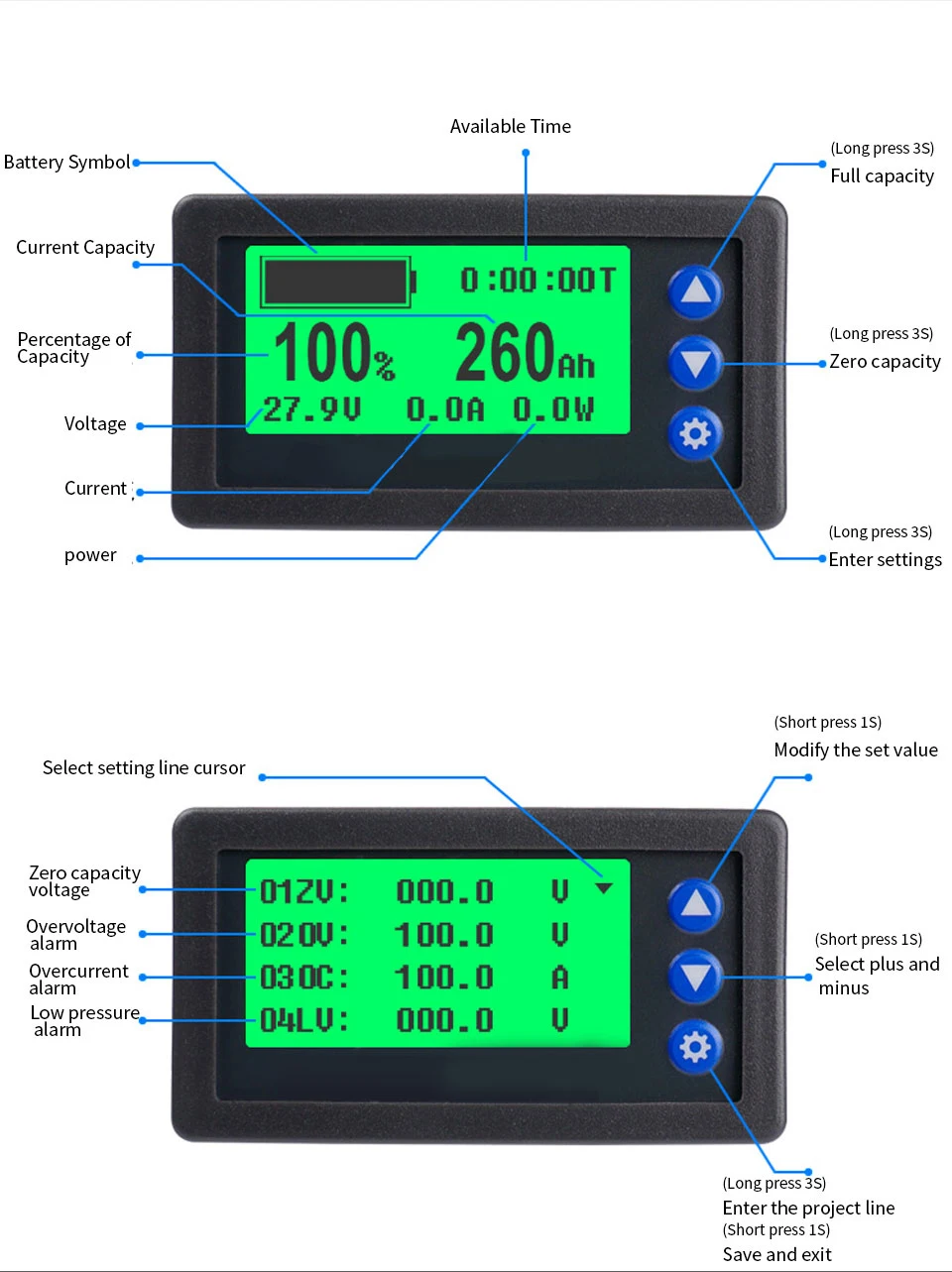 Battery Monitor Coulomb Meter 20A 50A 100A Lifepo4 lead-acid Li-ion lithium capacity power display 12V 24V 36V 48V 60V BMS shunt