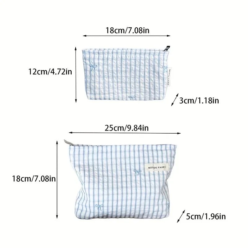 Hellblaue Gestreifte Kosmetiktasche mit Schleife, Reise-Make-up-Organizer für Damen mit Reißverschluss, Multifunktionale Toilettentasche – Detail 1