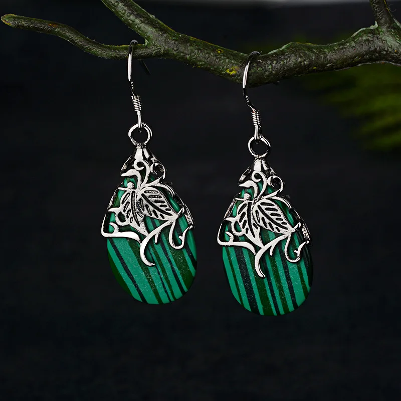 Natural Green Malachite Hand Carved Drop Earrings Fashion Jewelry Men's and Women's 925 Silver Inlaid Drop Earrings