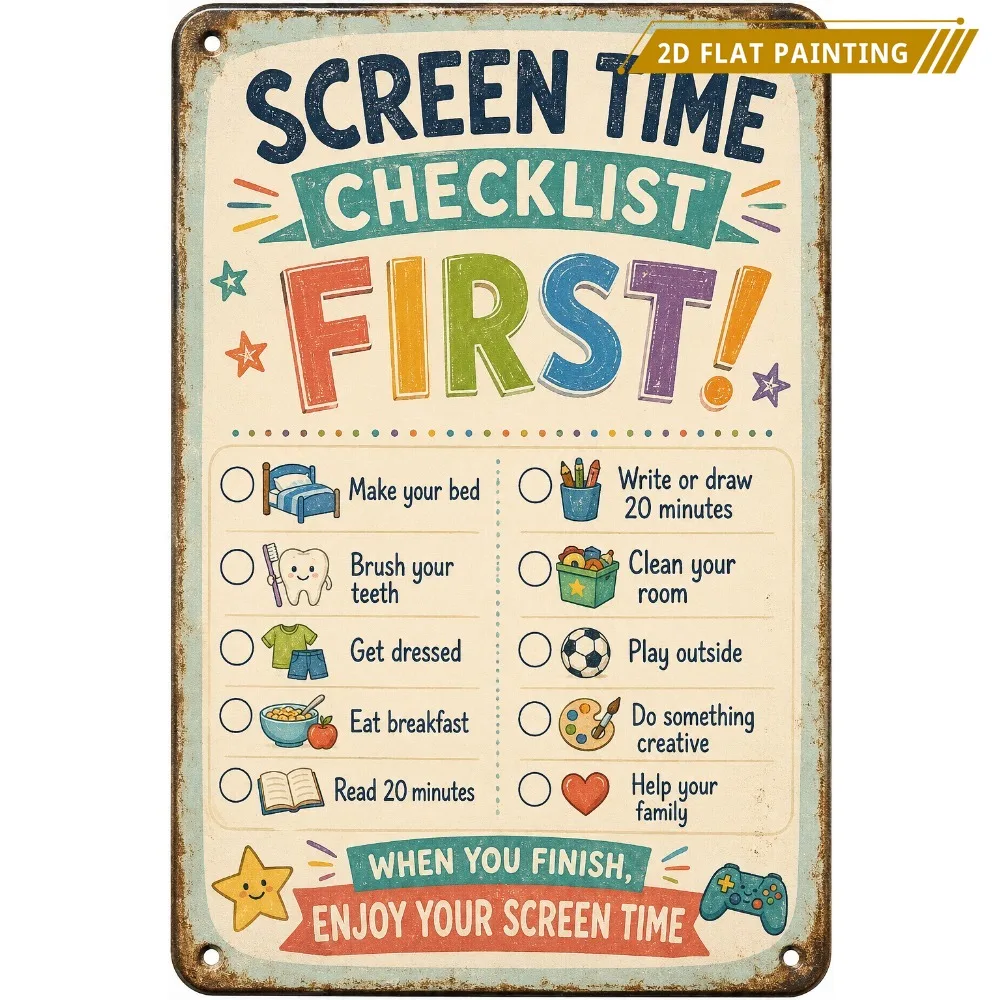 Decorative Signs And Plaques Screen Time Checklist First Metal Sign, Kids Chore Chart Morning Routine Wall Decor for Playroom Cl