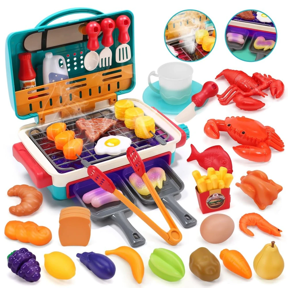 WizKidz, parrilla de barbacoa para niños, juguete para barbacoa, cocina, juego de cocina con luz de pulverización realista, sonido, cambio de Color, juego de comida y platos