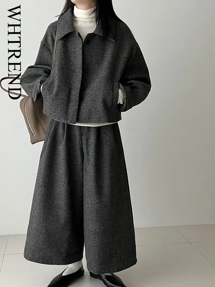 

WHTREND комплекты из 2 предметов для женщин, модная шерстяная куртка с отложным воротником, пальто + прямые широкие брюки, осень-зима, новинка WH1851