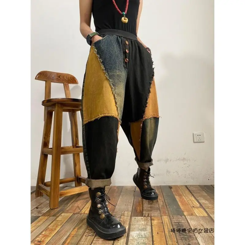 2025 nova moda velho remendo tecido cor bloqueado pendurado virilha casual cintura alta calças compridas mulheres outono denim legal jeans wh8