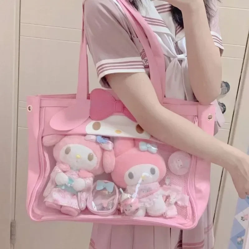 MBTI Pink Melody Womens Tote Bag Aesthetic Japanese Style Lolita Jk Cute Handbag Transparent Large Capacity Fashion Female Bag