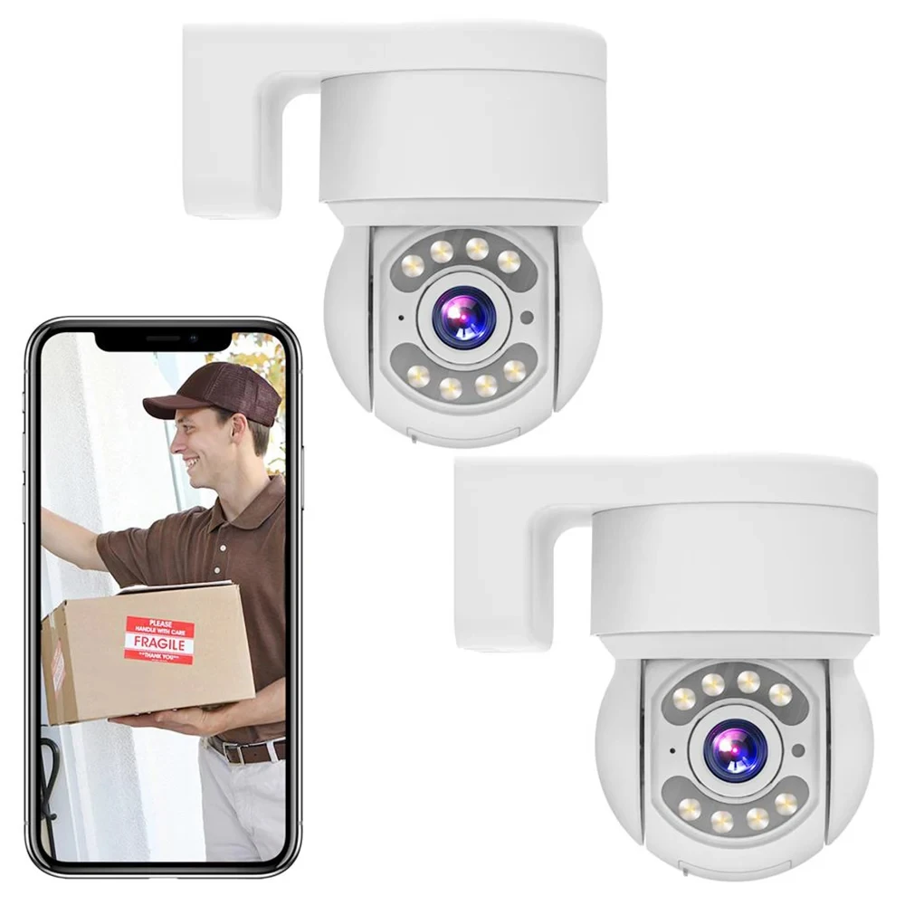 TALLPOWER C48 Outdoor WiFi Camera, HD 2K 4MP, Night Vision, 360° Pan Tilt, IP65, 2-Way Audio, Tuya/Smart Life App - 2Pcs White