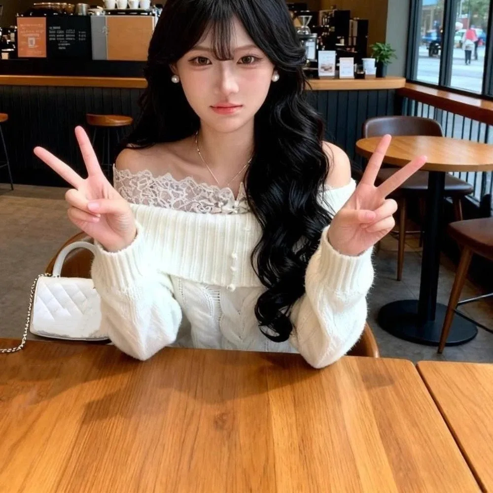 

Lace Long Sleeved Knitwear Bottoming Shirt Pullover Off Shoulder Sweater Top Spring Autumn Winter Loose Knitted Top for Women